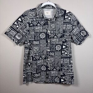 Folk Aztec Black & White Short Sleeve Linen Blend Button Down Shirt Men's Small
